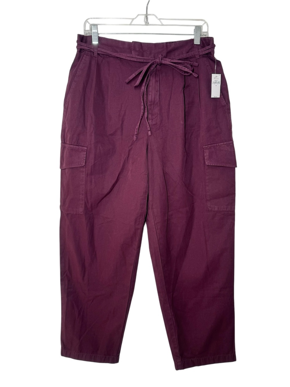 Gap Pleated Cargo Pants Womens 12 Plum Twill Elastic Waist Belted Relaxed Ankle